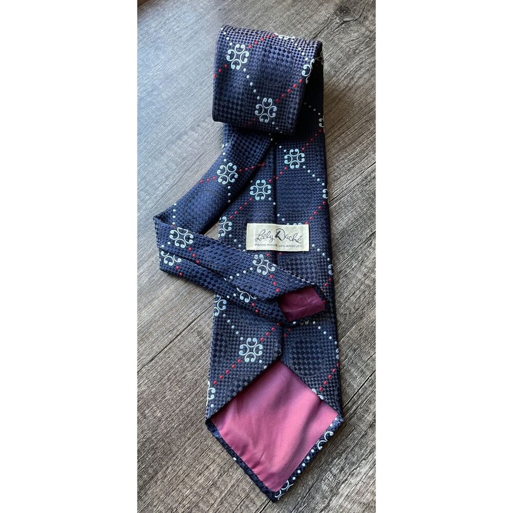 Lilly DachĆ© Vintage Silk Tie - Navy Blue Geometric Medallion Pink Satinā Lining